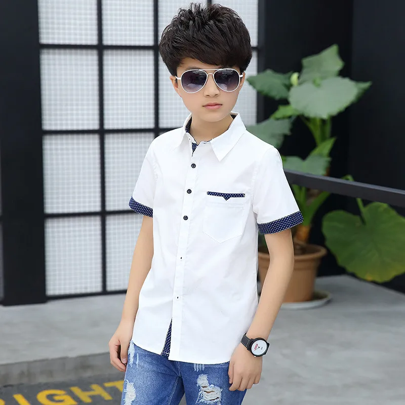 

Children Boys Shirts 2019 Summer Cotton Solid Students Kids Short Sleeve Shirts For Teens Big Boys 6 8 10 12 14 16 Years Wear