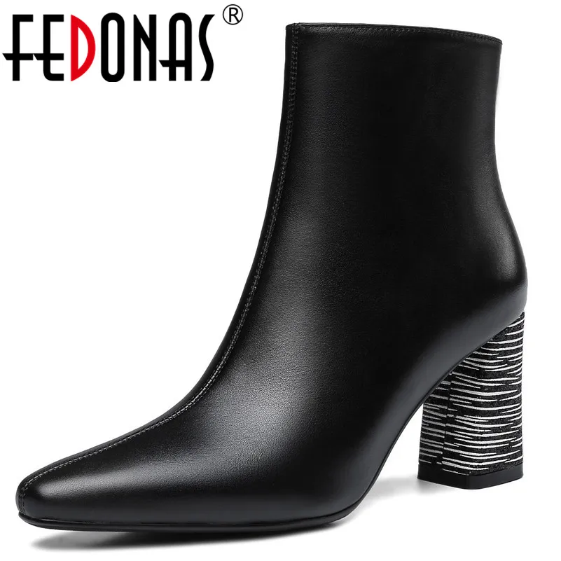 Goedkoop FEDONAS Nieuwe Vrouwen Echt Leer Hoge Hakken Enkellaars Hoge Hakken Rits Basic Laarzen Sexy Puntige Teen Partij Schoenen Vrouw