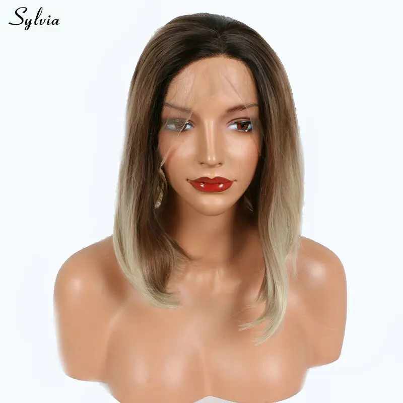 Sylvia Synthetic Lace Front Wig Short Straight Brick Brown Ombre Blonde Heat Resistant Hair Party For Ladies Bob Wigs | Шиньоны и