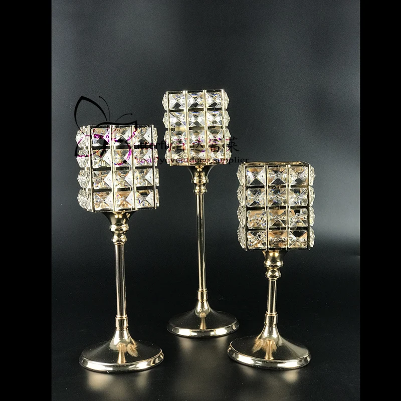 

Gold Square Crystal Cylinder Candle Holders Wedding Table Centerpieces -3pcs of one set