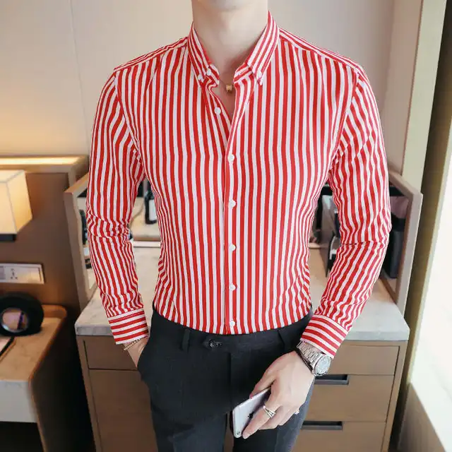 Men's Contrast Vertical Striped Dress Shirts High quality Comfortable