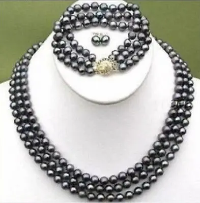 

FREE SHIPPING HOT sell new Style >>>>ELEGANT 3ROWS BLACK 8-9MM TAHITIAN PEARL NECKLACE BRACELET EARRING SET