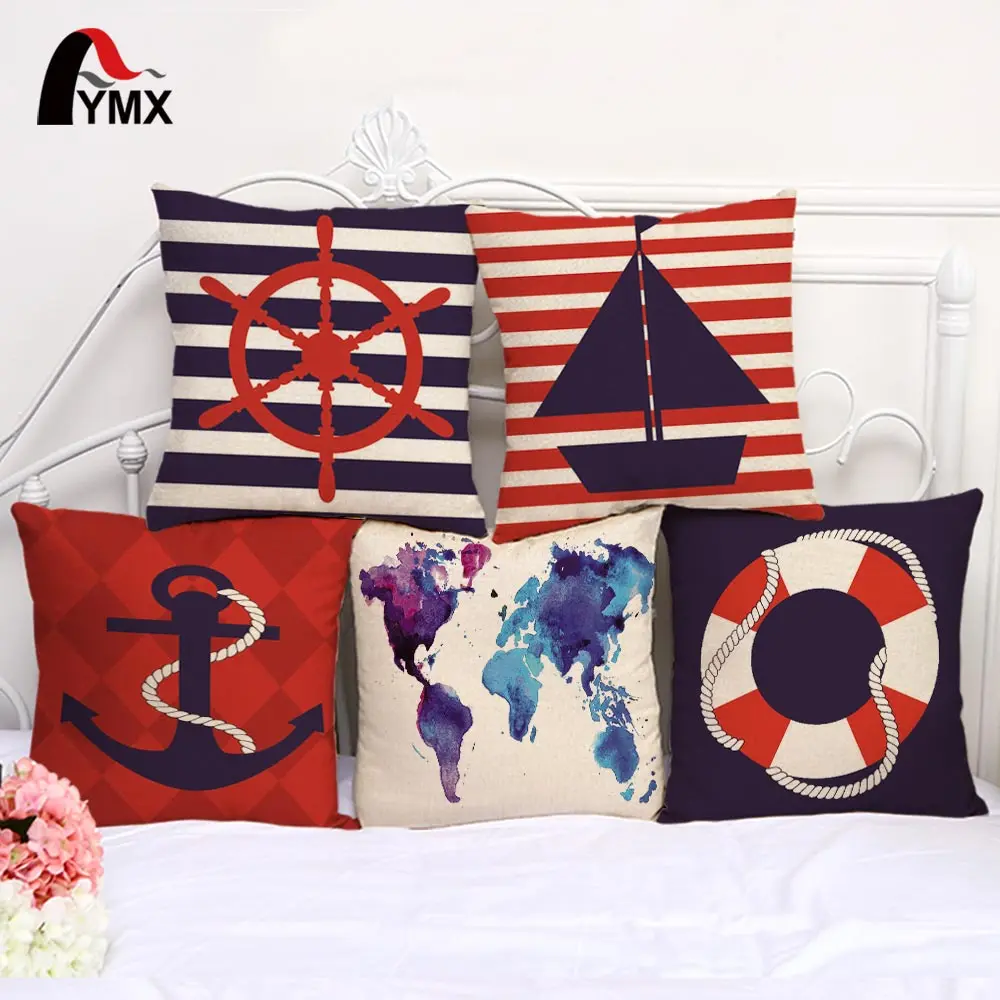 

Souvenir Sailboat Cotton and Linen Sofa Cushion Cover Boat Anchor Bedroom Decoration Pillowcase Wholesale Home Car Seats Pillow