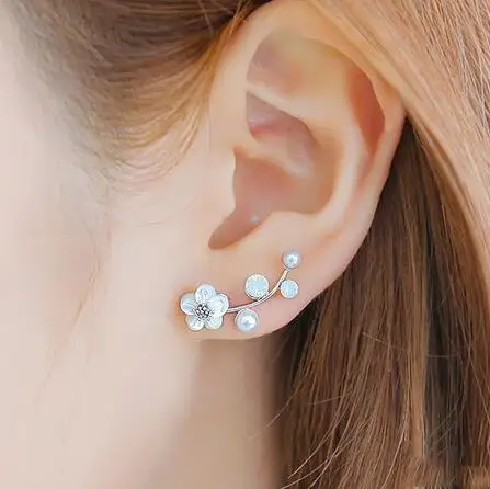 Image New Fashion Crystal Earrings Pearl Women Branch Shell Pearl Flower Stud Earrings Female