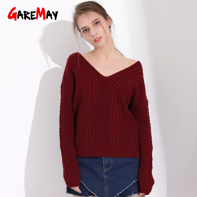 Autumn Sweaters For Women Off Shoulder Sweater Backless Winter Warm Womens V Neck Pink Ladies Pullover Long Sleeves | Женская одежда