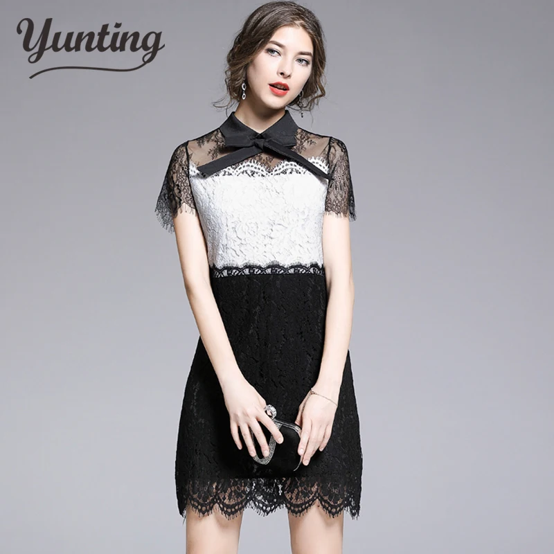 

Runway Dress 2019 Women Hollow Out Lace Mesh Patchwork short Sleeve Sexy See Through High Waist Party Dress