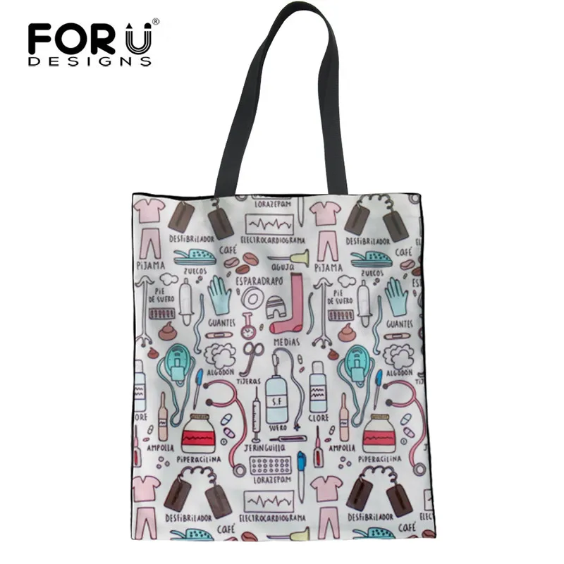 FORUDESIGNS Casual Shopping Bags for Women Cute Nurse Print Reusable Shopper Bag Canvas Tote ...