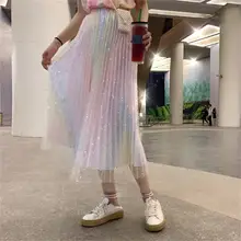 Блестящие плиссированные юбки женские летние корейские Ins эластичная юбка с высокой талией новые модные милые цветные юбки для женщин