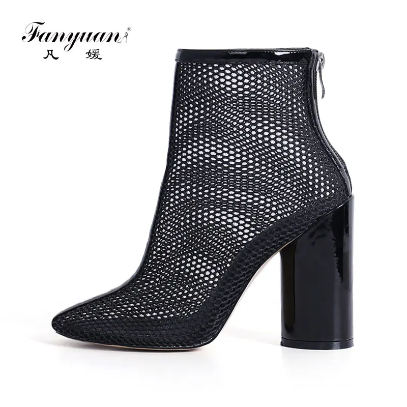 

Fanyuan Woman Ankle Boots High Chunky Block Heels Platform Open Toe Mesh Cutout Pig Leather Zipper Lady Short Autumn Boot