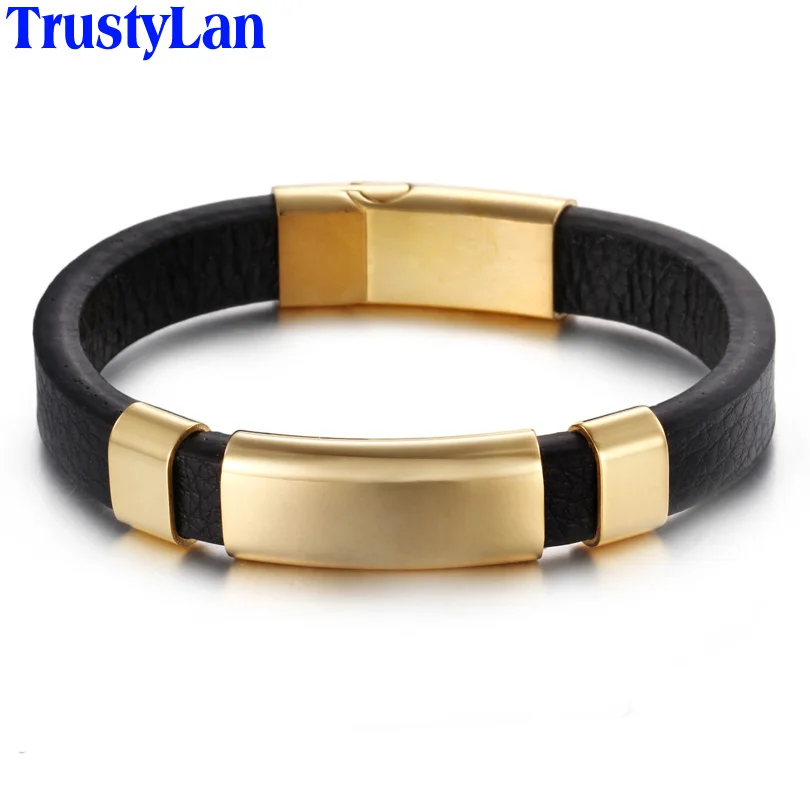 TrustyLan Genuine Black Leather Simple Wrap Men Bracelet Gold Color Steel Wristband Classic Mens Bracelets& Bangles Jewelry