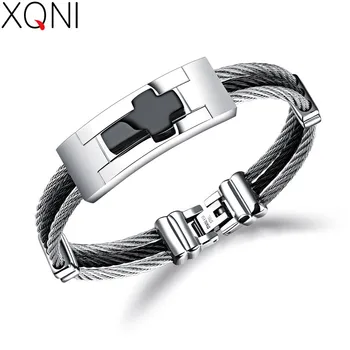 

XQNI Stylish Cross Smooth Surface Bangle For Men Multi-layer Stainless Steel Stripe Black Male Bracelet Christmas Gift