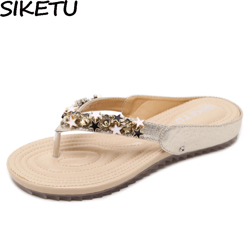 

SIKETU Women Slippers Bohemian Ethnic Sandals Rhinestone String Bead Flip Flop Comfort Slides Summer Beach Bling Shoes Plus Size