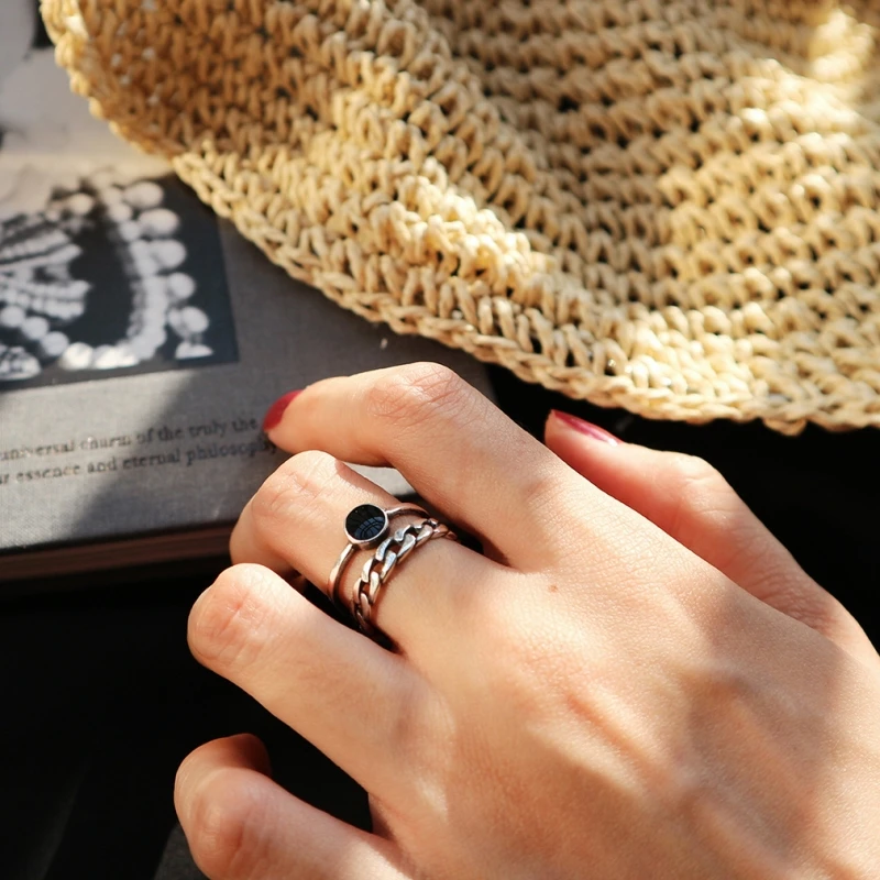 

925 Sterling Silver Vintage Thai Silver Chain Strip Soft Enamel Epoxy Ring Double Layer Retro Jewelry Fashion Party Rings Women