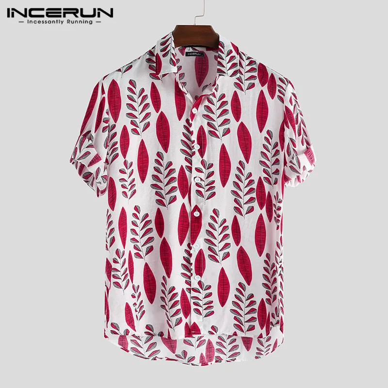 INCERUN Летняя мужская гавайская рубашка с отворотом и коротким рукавом для отдыха Свободная блуза с принтом пляжные брендовые рубашки для мужчин Уличная - Цвет: Red Shirt