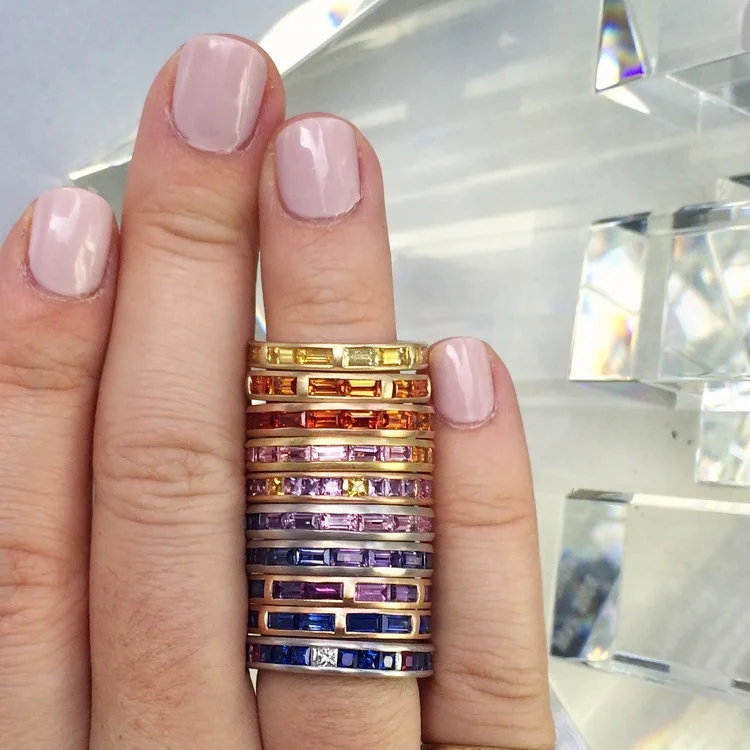 

simple engagement band ring for women gold color bezel set baguette red cubic zirconia stack stacking rings