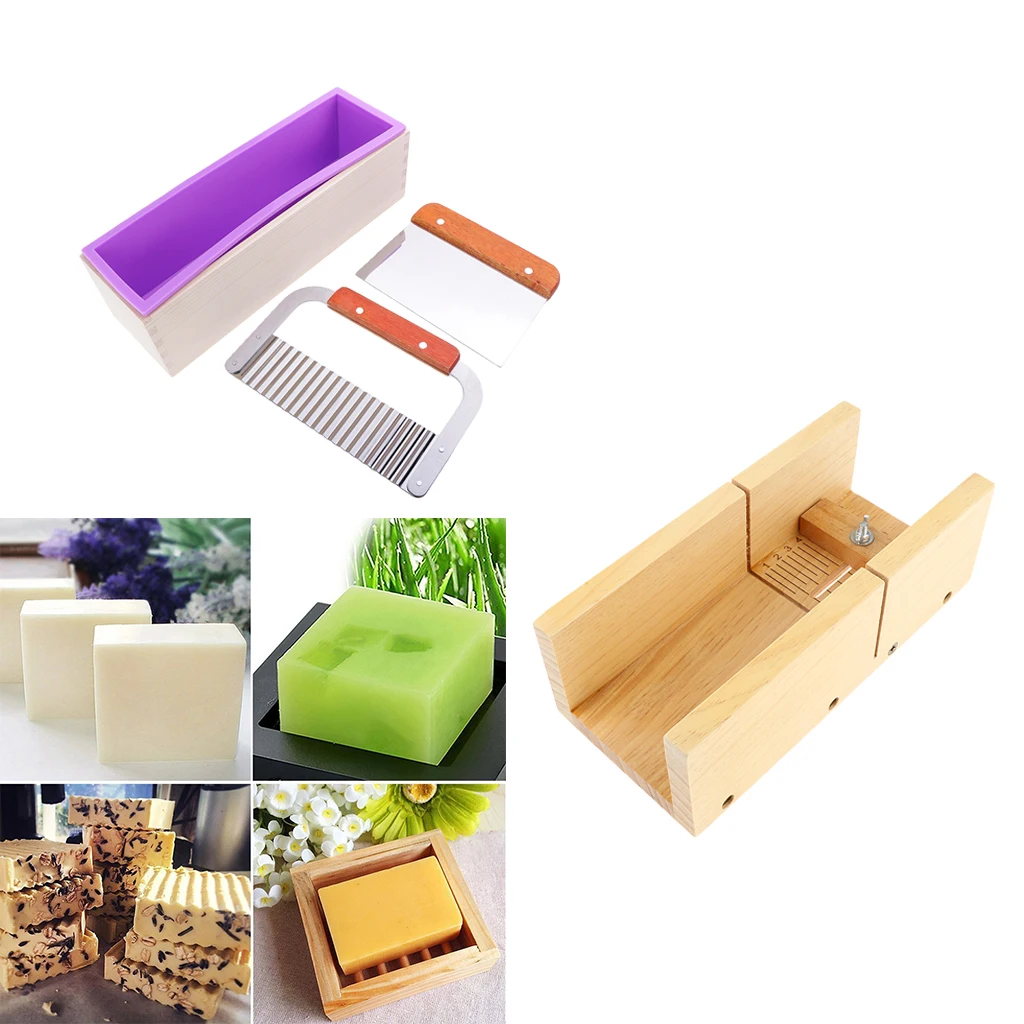 Wooden Soap Loaf Cutting Mould + Rectangle Silicone Soap Mould With Wood Box + 2pcs Wavy & Straight Cake Soap Cutter