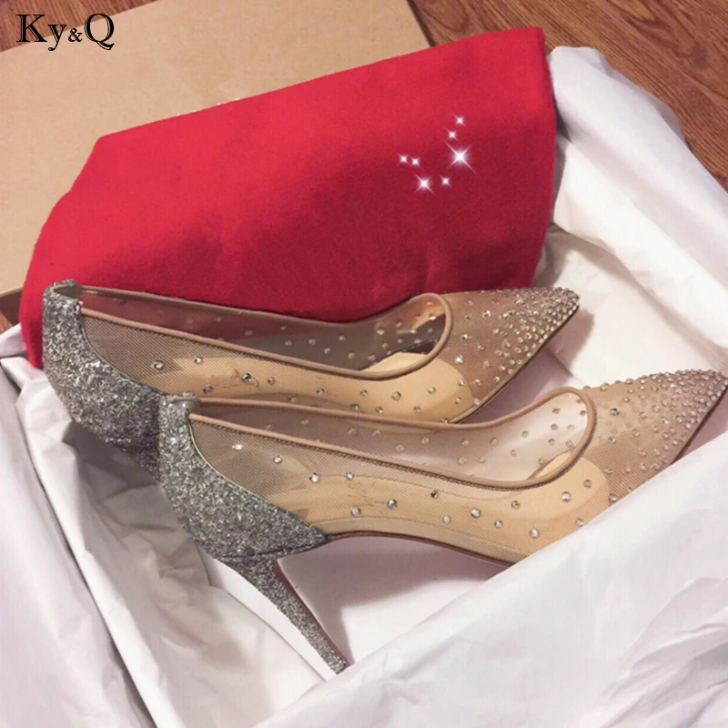 

2019 Summer New Ladies Fashion Pointed Sexy Rhinestone Stiletto Comfortable Mesh Wedding Shallow Mouth Versatile High Heels10 Cm