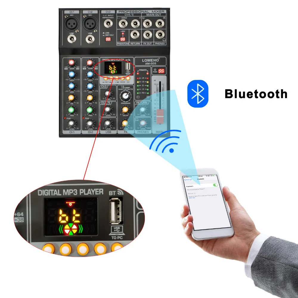 LOMEHO AM-G05 przenośny bluetooth usb grać rekord 5 kanał PC Playback gitara 2 Mono 1 Stereo profesjonalny sprzęt audio mikser LOMEHO AM-G05 przenośny bluetooth usb grać rekord 5 kanał PC Playback gitara 2 Mono 1 Stereo profesjonalny sprzęt audio mikser