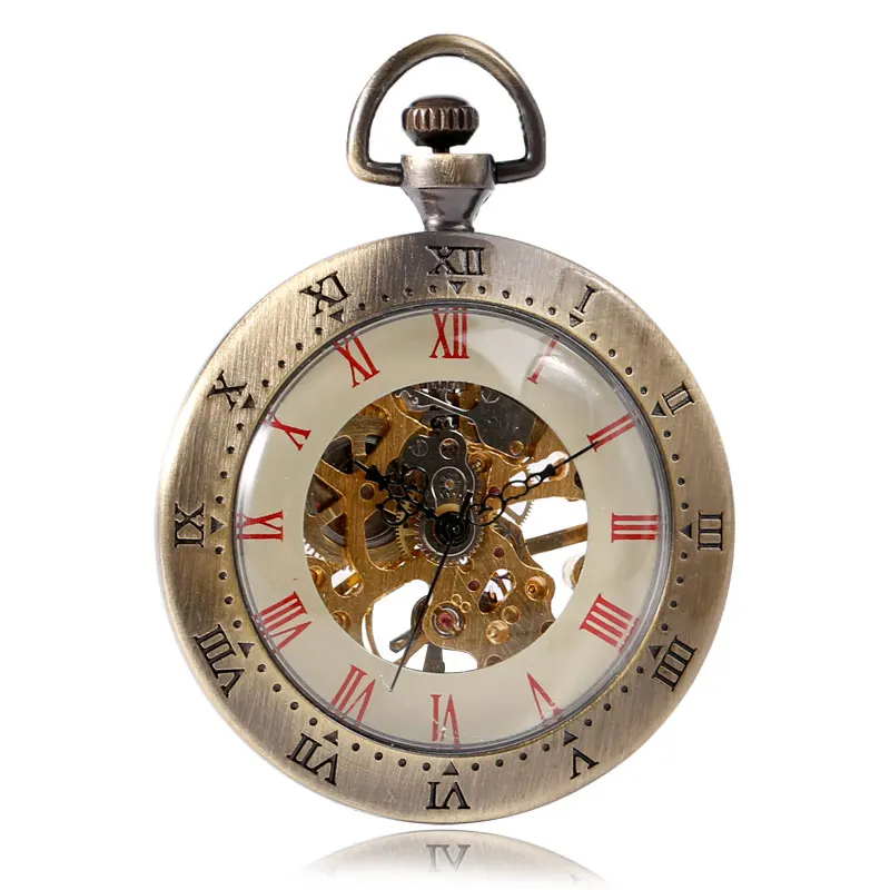 Винтаж стимпанк открыть Уход за кожей лица красных римскими цифрами Механический ручной взвод карманные часы Бронзовый FOB часы унисекс