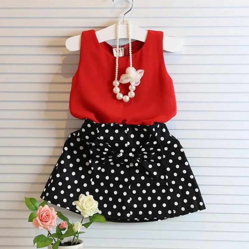 

2019 Summer New Children's Newborn Baby Girl Clothes Chiffon Sleeveless Red Top + Black Bow Polka Dot Skirt Roupa Menina Roupa
