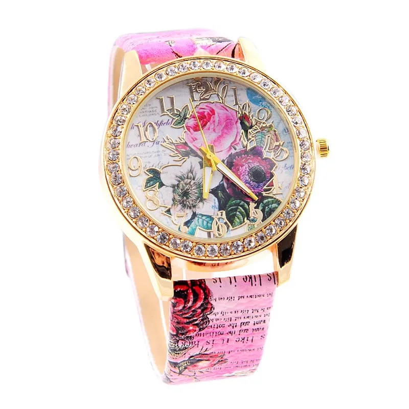 

#5001Flowers Mission Fashion Women Colored Diamond PU Leather Watch DROPSHIPPING New Arrival Freeshipping Hot Sales