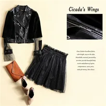 Brand Clothing Women 2016 Autumn Mink Fur Patchwork With PU Leather Jacket+Skirt Two Piece Sets Fashion Black Coat Lace Skirt