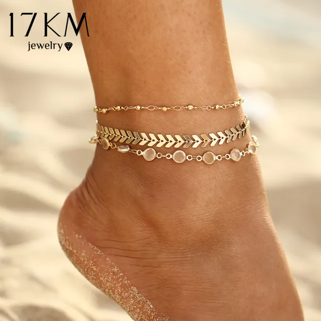 17KM Crystal Sequins Anklet Set For Women Beach Foot jewelry Vintage