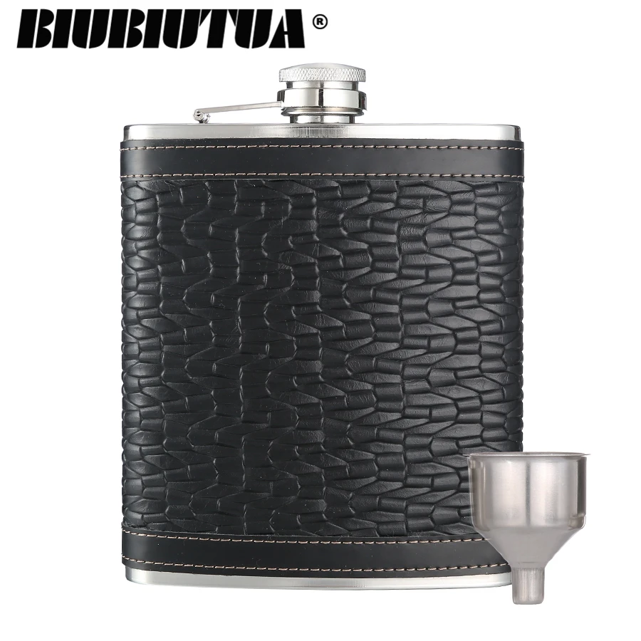 

BIUBIUTUA 18oz Stainless Steel Hip Flask Leather Black Fluted Leather Outdoor Sports Portable Wine Flask For Whiskey