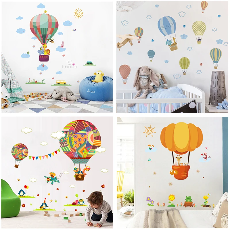 Colorful hot air balloon car wall sticker kids room Bedroom accessories home decor cartoon animal wall decal DIY posters mural
