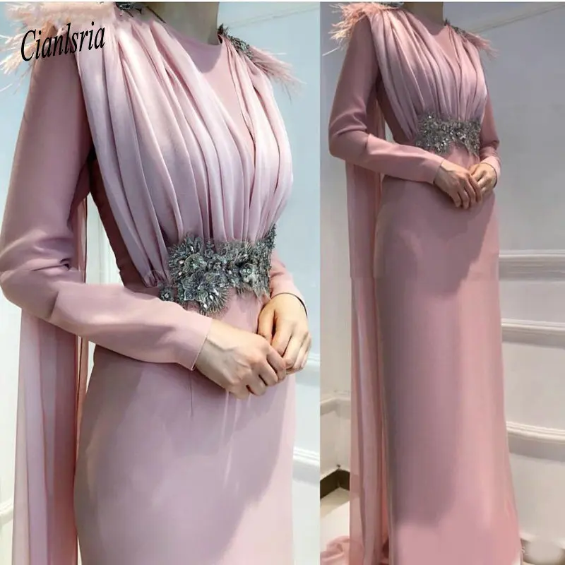 Розовые вечерние платья в мусульманском стиле с длинным рукавом в арабском стиле, марокканский кафтан, Дубай, торжественное платье с накидкой, светильник из перьев, синие платья для выпускного вечера