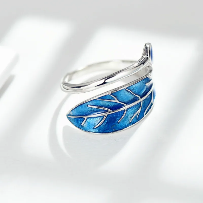 Форзац 925 пробы серебряные синие капли глазури листья Открытые Кольца для женщин Креативный дизайн женские модные ювелирные изделия