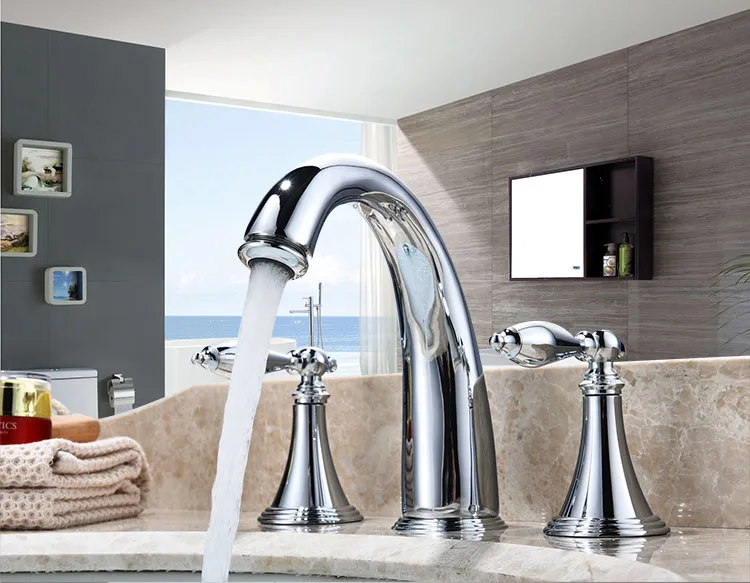 

Copper split lavatory faucet hot and cold double open three hole washbasin bathroom bathroom cabinet faucet LU41324