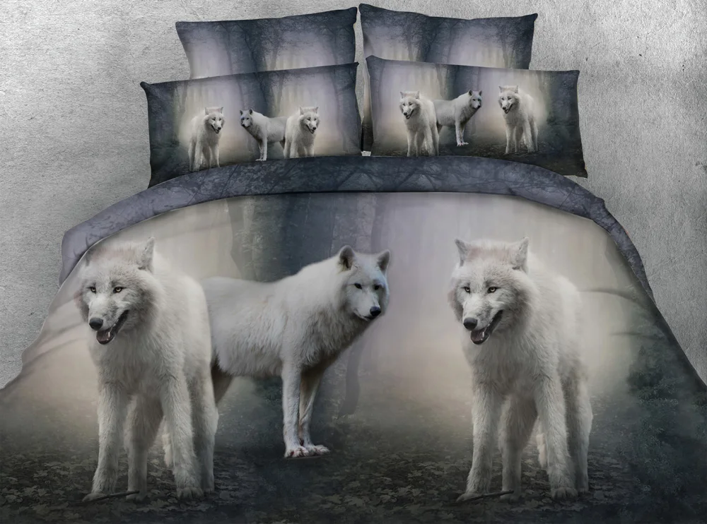 JF 338 Holy and pure white wolf print bedding sets 4pcs white wolves duvet cover set