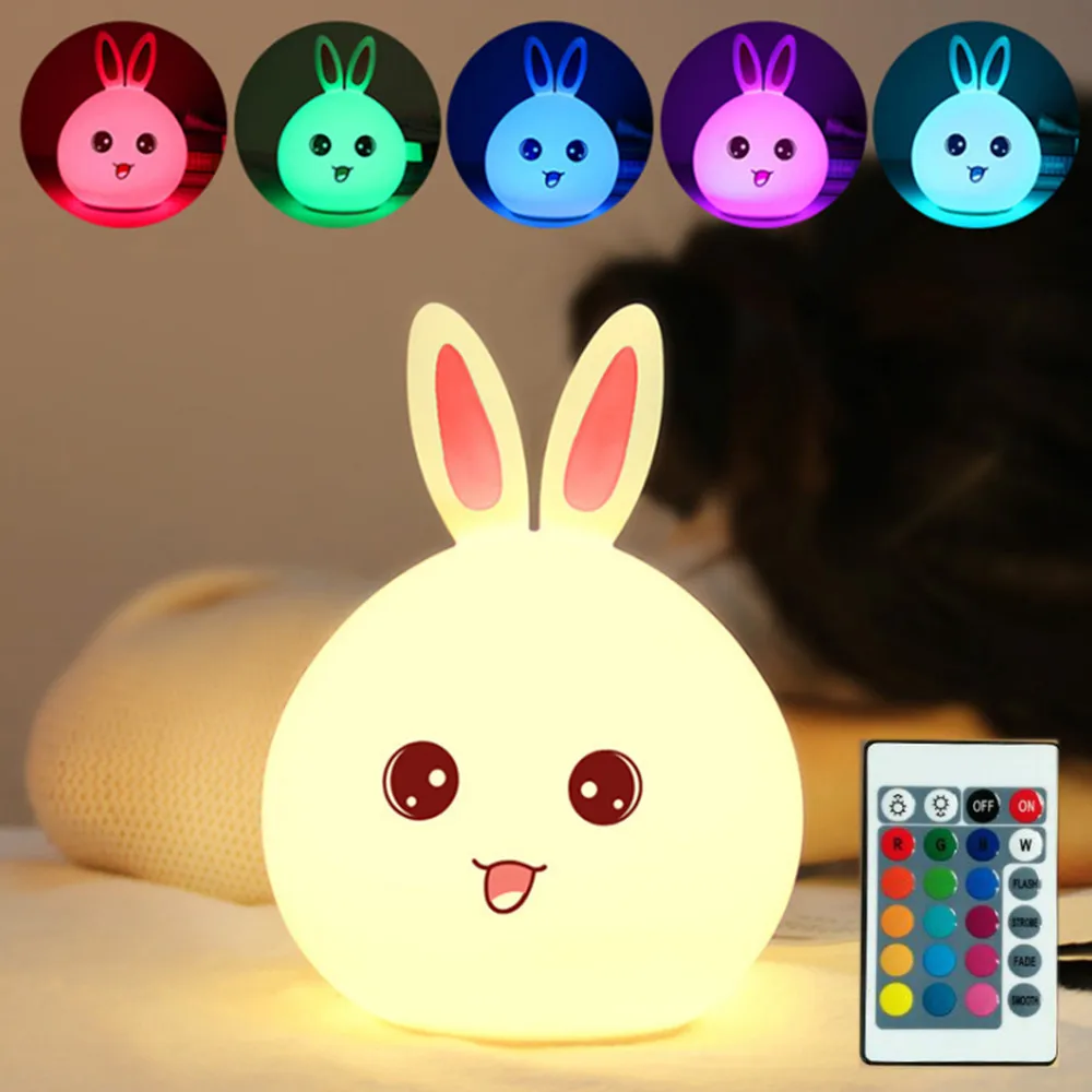 Светодиодный ночник с кроликом, сенсорный датчик, пульт дистанционного управления, RGB, USB, перезаряжаемый силиконовый прикроватный светильник с кроликом для спальни, для детей, малышей