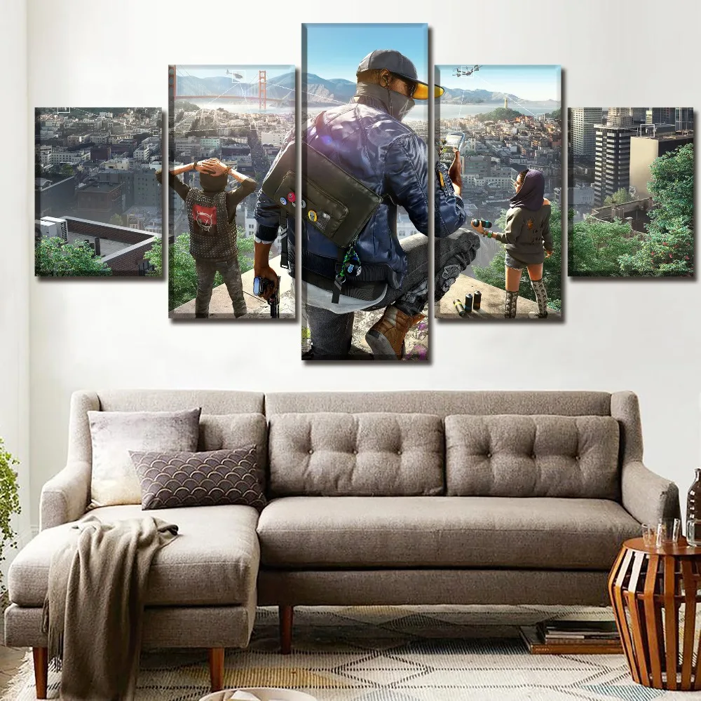 

Modular Picture Framework On Canvas Printing Type Painting One Set 5 Piece Game Watch Dogs 2 Role Poster Wall Art Home Decor