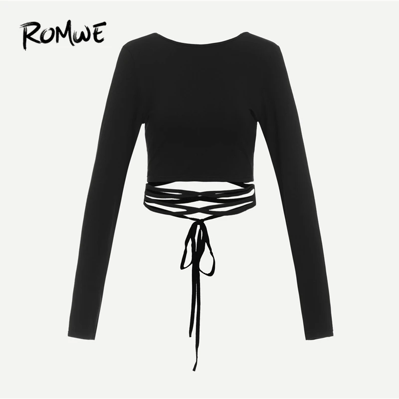

ROMWE Black Criss Cross Back Knot Waist Tee Women Sexy Autumn Long Sleeve Plain Clothing Tops Ladies Slim Fit Night Out T-Shirt
