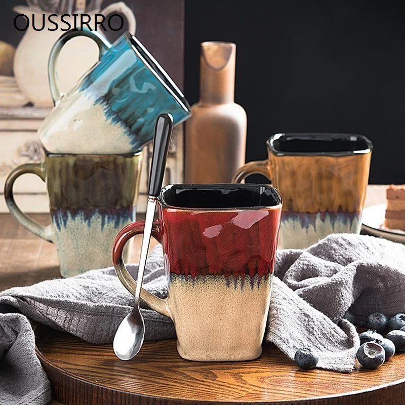 OUSSIRRO Creative Retro Personality Square Ceramic Mug With Spoon