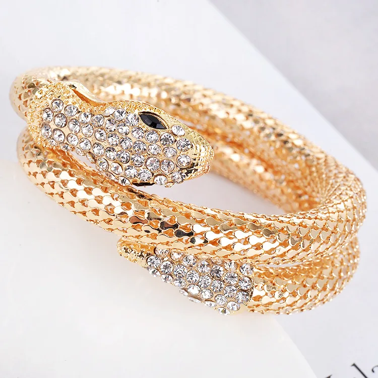 

High Quality Men Black Eyes Gold&Silver Plated Color Head Full Cyrstal Adjustable Snake Chain Charm Snake Bracelets&Bangles