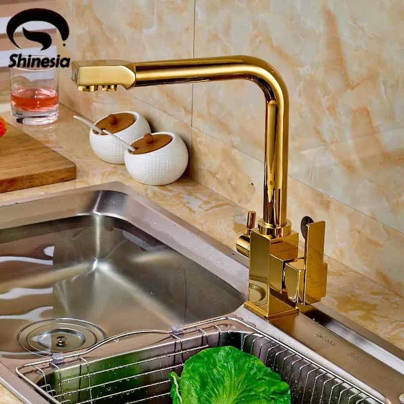 

Gold Two Handles Kitchen Purified water Mixer Tap Faucet Pure Water Filter Deck Mount