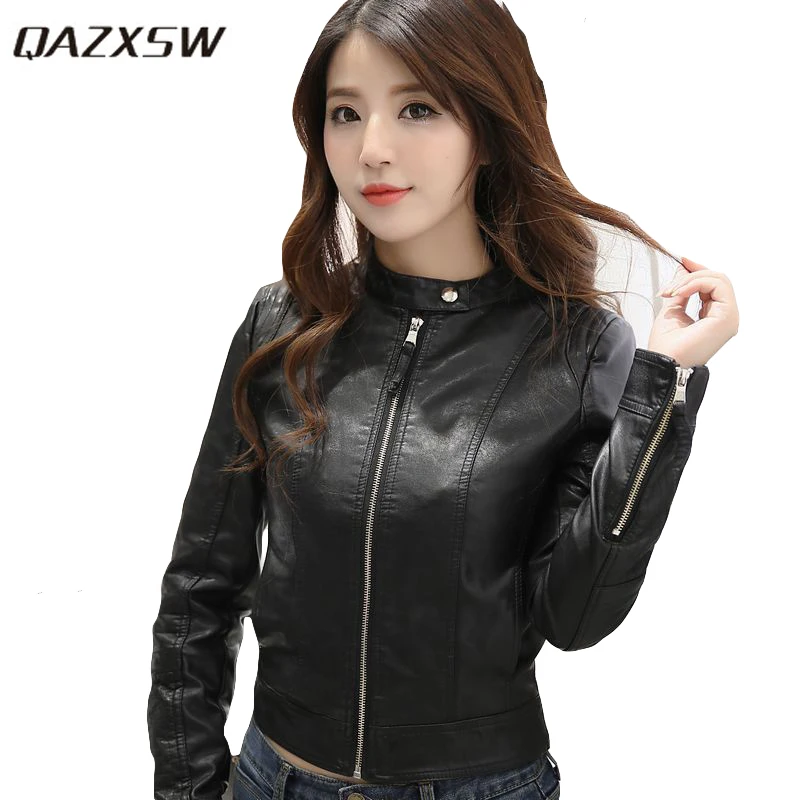 Qazxsw осень Для женщин кожаная куртка Для женщин двигателя куртки, искусственная кожа длинный рукав Мото-куртки леди пальто HB142