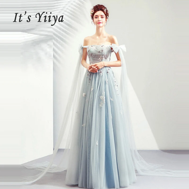 

Prom Dresses Blue Boat Neck Short Sleeves A-Line 2019 Elegant Floor Length Bow Party Dress Long Custom Plus Size Prom Gown E231