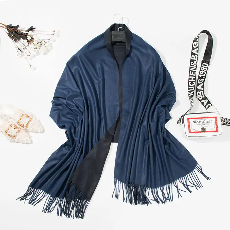 Новинка, двухсторонний шарф, женский модный зимний шарф, однотонный плотный теплый шарф с кисточками, шарфы, Женский клетчатый кашемировый шарф - Цвет: navy blue