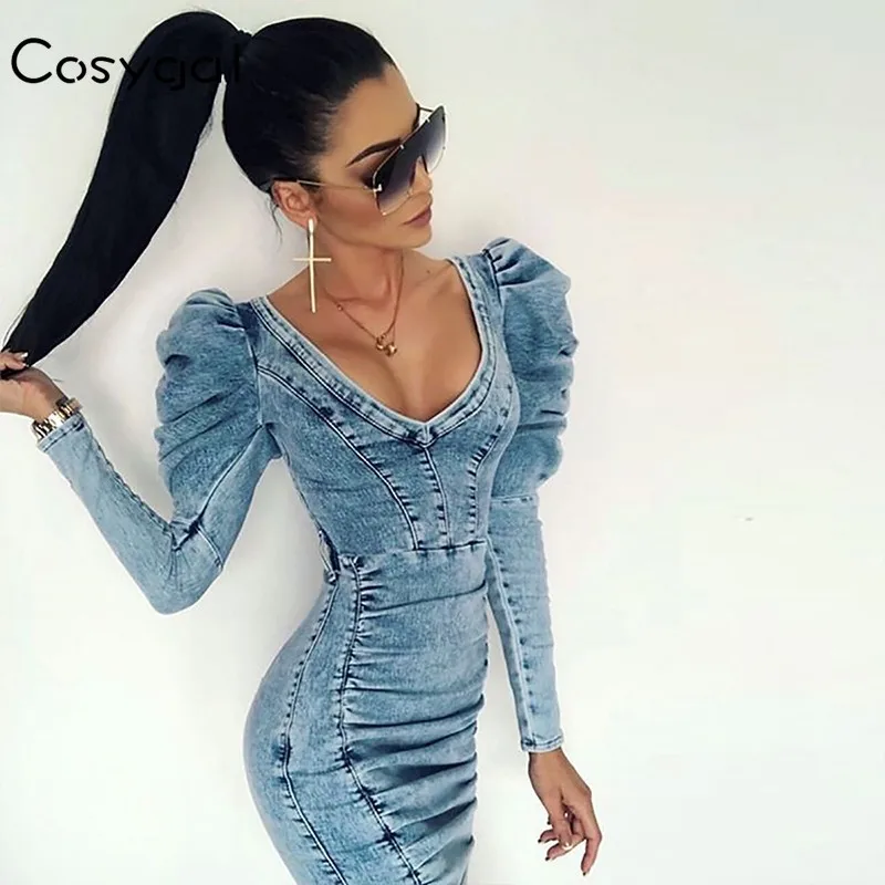 

COSYGAL Princess Regular Denim Dress Women V Neck Club Party Sexy Dress Fashion Streetwear Bodycon Mini Dresses Vestidos No Belt