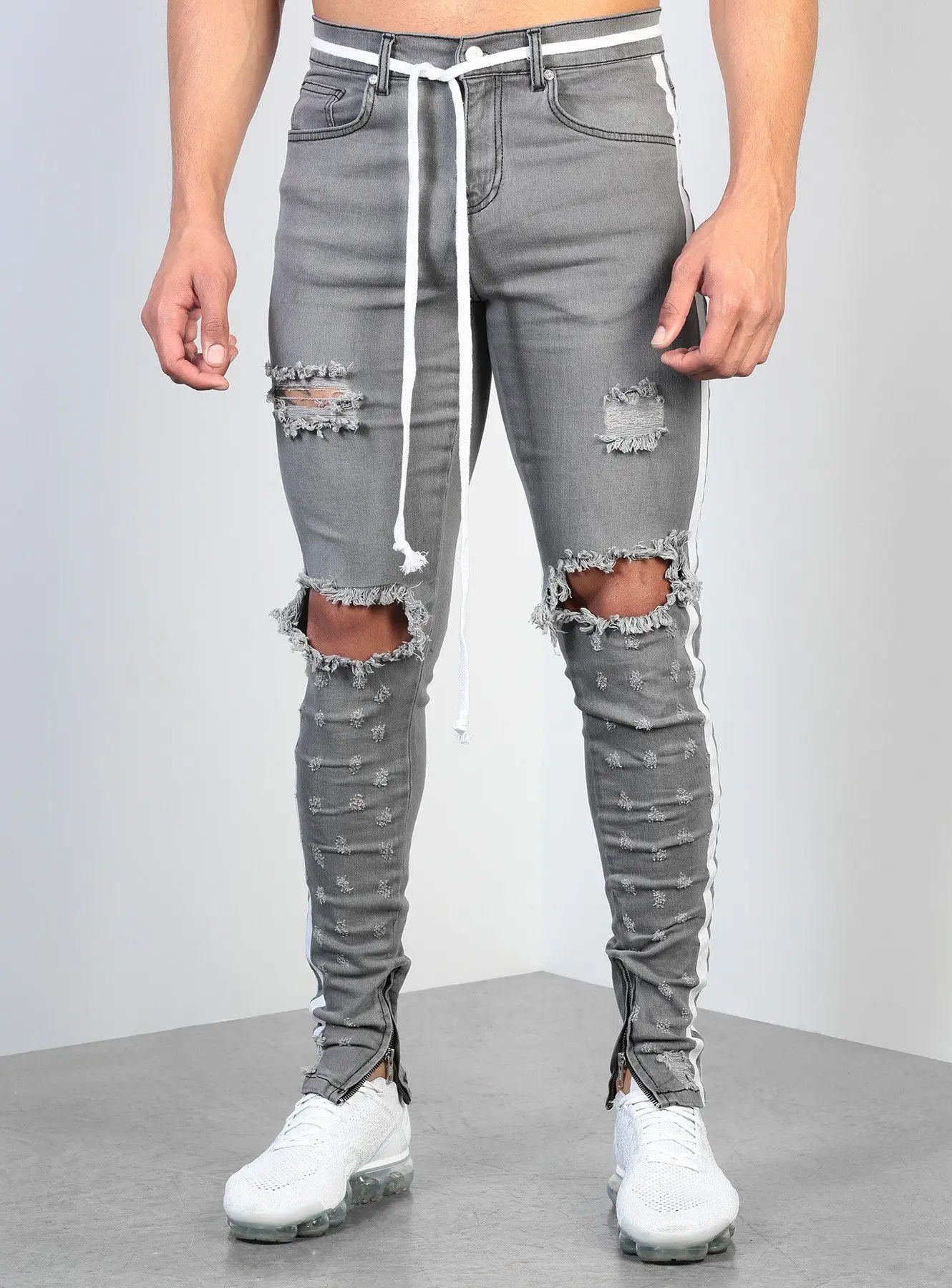 Мужские обтягивающие джинсы с боковыми полосками, рваные джинсы с дырками на коленях, облегающие джинсовые брюки-карандаш, потертые мужские серые брюки, модный дизайн