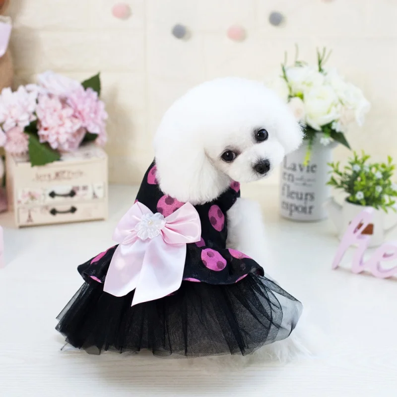 

Pet Dog Dot Print Bow Classic Dress For Dogs Princess Skirt Clothing Summer Autum Tutu Lace Wedding Party Dog Dresses