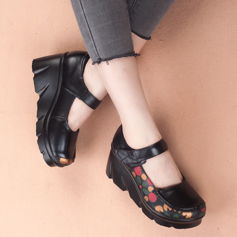 Genuine leather Wedges Women's shoes Spring Autumn Platform Women Pumps Hook&Loop Mary Janes Shoes Woman Casual Mom Leather shoe