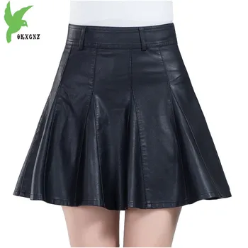 

Leather Skirt for Womens 2018 Autumn and Winter PU Leather Pleated skirt Plus size 5XL Black Sexy Female A-line Mini skirts 2047