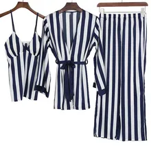 3 шт. для женщин дамы атласные шелковые топики Женские топы и длинные брюки для девочек белье кимоно Пижама-халат наборы ухода за кожей