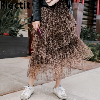 

Flectit Leopard Tulle Skirt Women Autumn Winter Asymmetrical Layered Ruffle Mesh Midi Skirt Vintage Style *