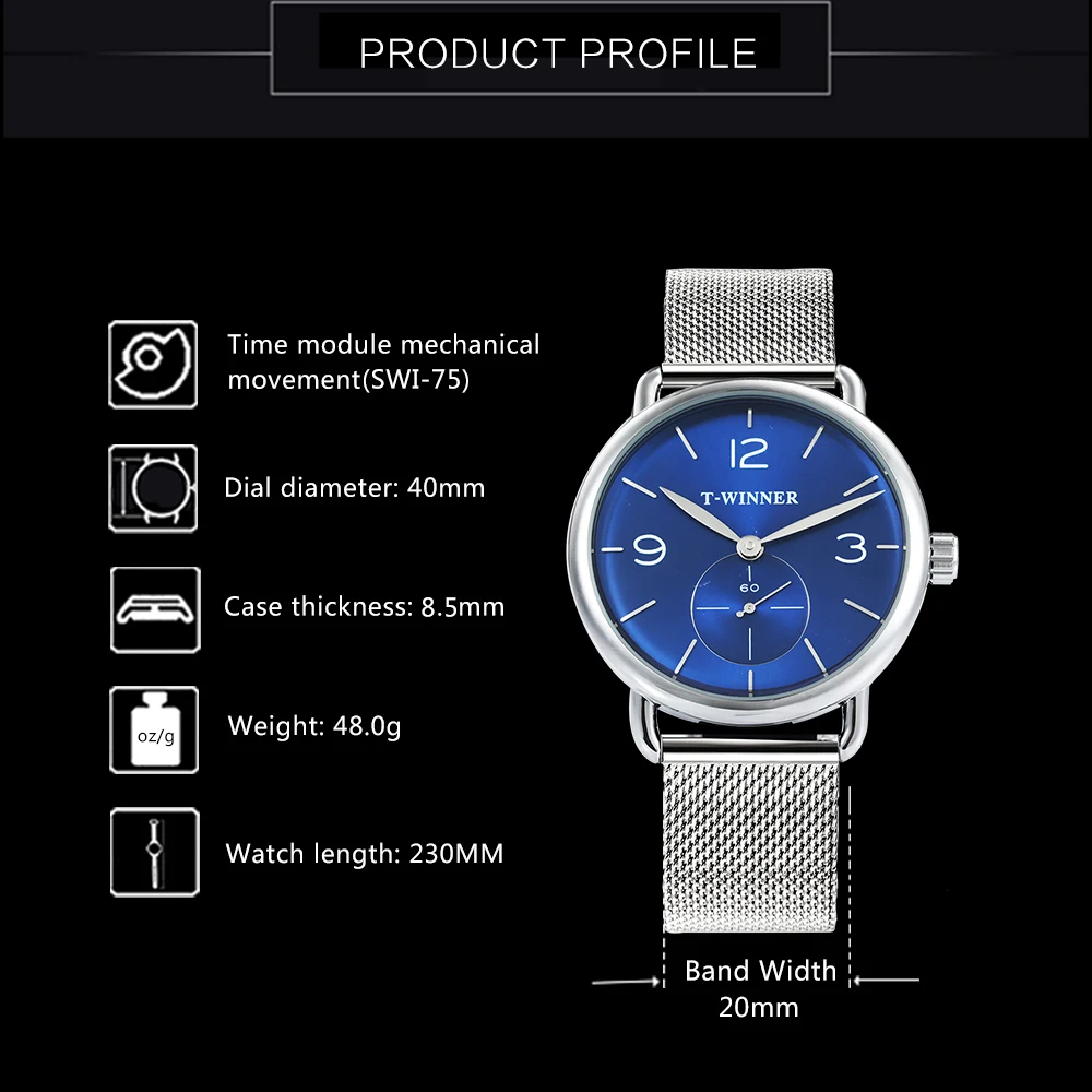 WINNER ультра тонкие простые механические часы для мужчин лучший бренд класса люкс Синий Рабочий суб-циферблат сетчатый ремешок модный лаконичный стальной ремешок